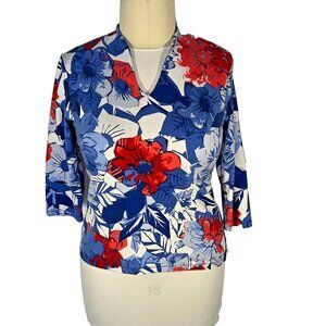 Ruby Rd. - Knit Blouse Women's L V-Neck 3/4 Sleeve Tropical Floral Stretch